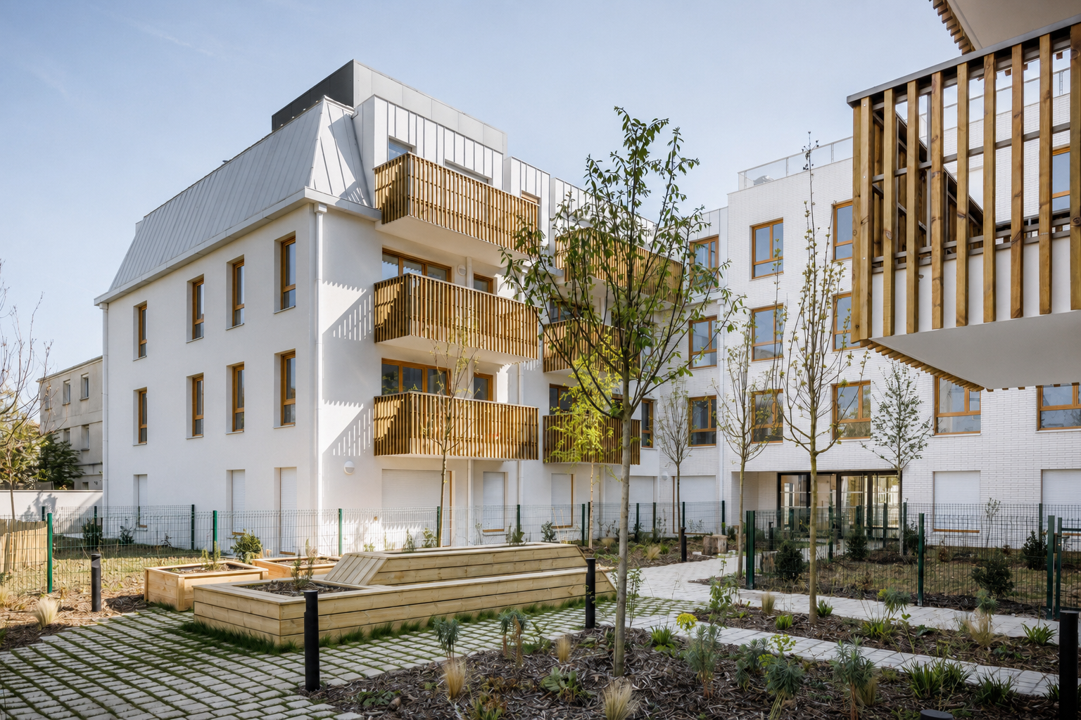 Cœur d'îlot paysager d'une résidence de 56 logements collectifs conçue par Cussac Architectes & Associés à Bondy (Seine-Saint-Denis), avec jardin partagé, jardinières en bois, cheminements perméables et façades en briques blanches.
